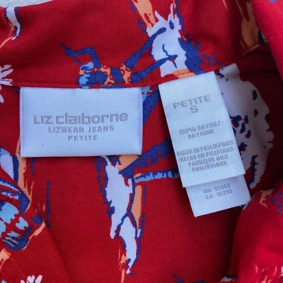 Vintage 90s Liz Claiborne Red Hawaiian Tie Waist Crop Blouse - Picture 6 of 6